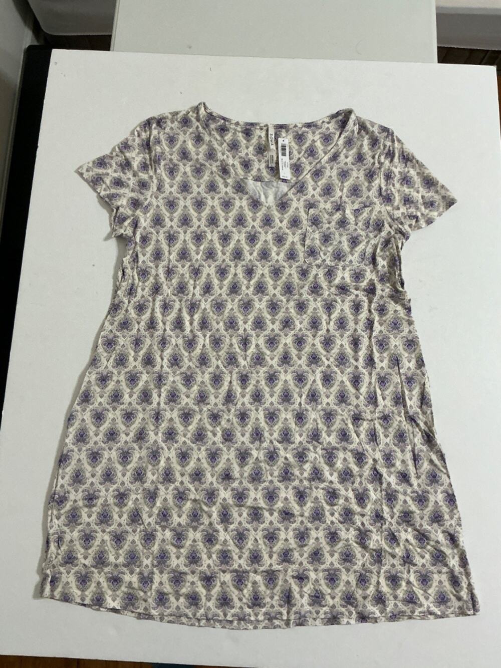 Soma Cool Nights Short Sleeve Sleepshirt L Timeless Tile Champagne Nightgown NWT